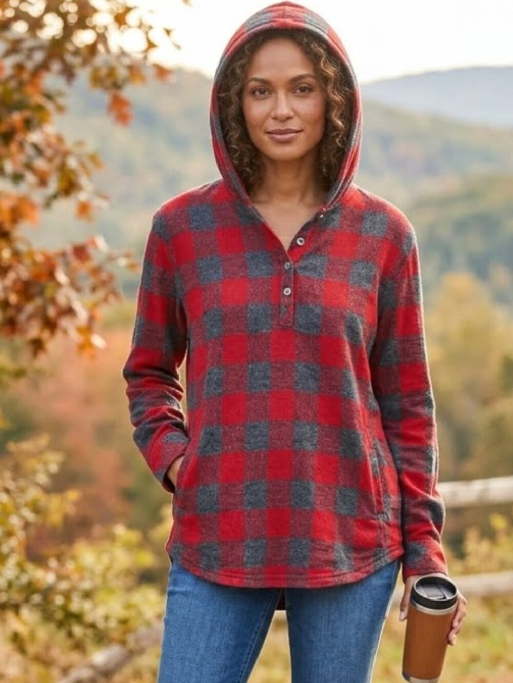 Cozy and Rustic Natural Reflections Red Grey Buffalo Plaid Cotton Hoodie Large